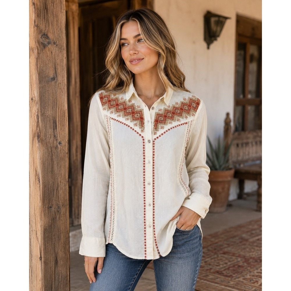 Holding Horses Anthropologie Embroidered Western Shirt M Boho Cotton Button Up